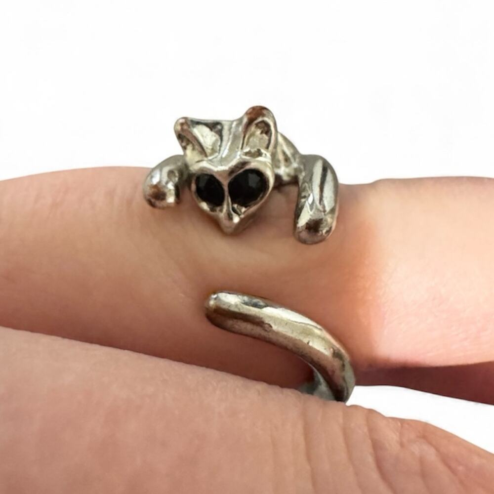 Silver Tone Kitty Cat Wrap Ring Black Rhinestone Eyes Size 5.5 Women’s Jewelry